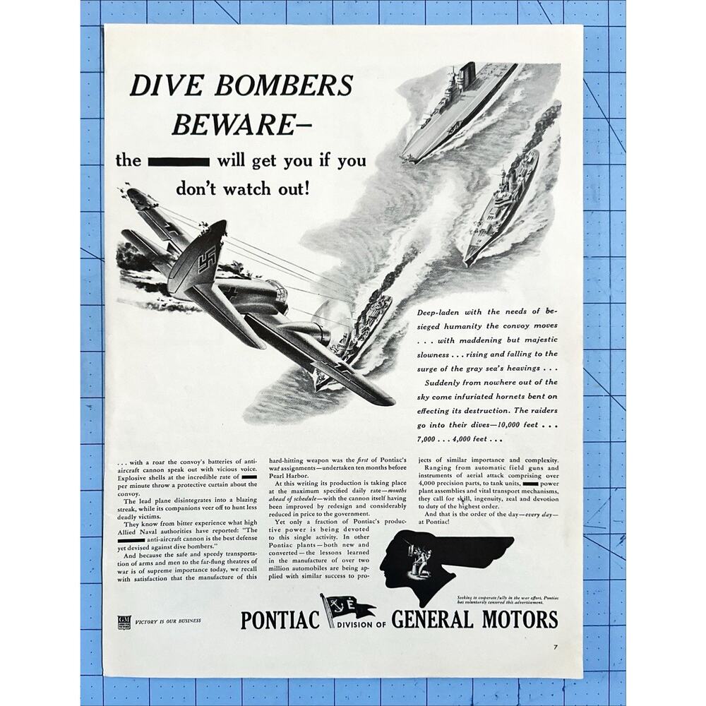 Pontiac General Motors 1942 WWII Dive Bombers Print Advertisement